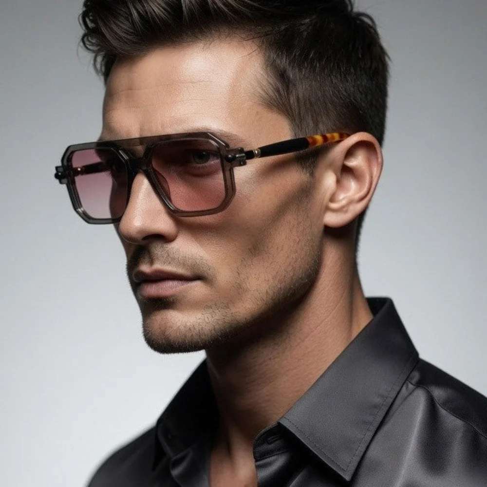 Men Square Sunglasses Grey Frame Pink Gradient Lens Tortoise Fashion Retro Shape